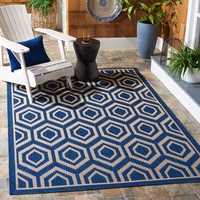Navy and Beige Square Synthetic Geometric Area Rug
