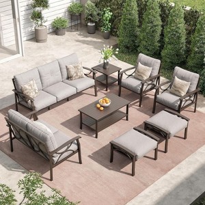 Heynemo Outdoor Patio Furniture Set, 8 Piece Patio Conversation Set with Coffee Table Side Table and Ottomans, Metal Furniture Set for Porch, Grey - 1 of 4