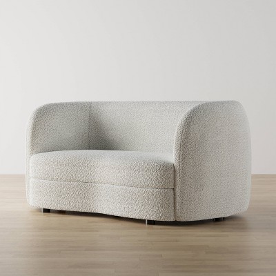 Off-White Boucle Fabric Curved Loveseat with Wooden Legs