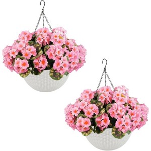 Coucheta Artificial Hanging Geraniums 2-Pack, UV Resistant Outdoor Flowers with White Baskets, Fake Plants for Porch Patio Garden Decor - 1 of 4