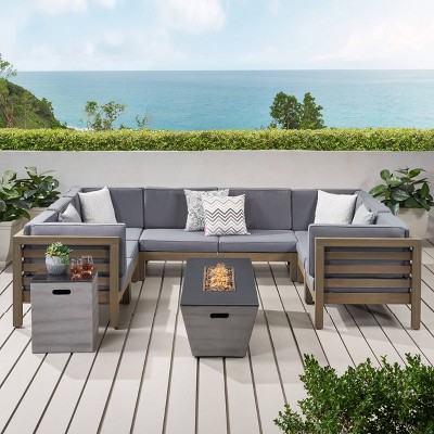 Lono 10pc Acacia Sectional Sofa with Fire Pit Set - Gray/Dark Gray - Christopher Knight Home