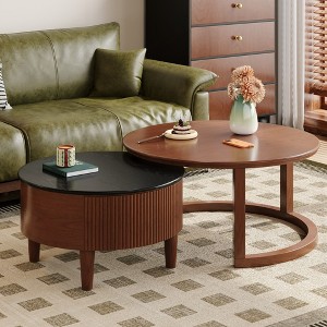 KTMBDW Round Nesting Coffee Table Set of 2 Modern Cocktail Table with Wood Frame for Living Room Small Spaces Brown - 1 of 4