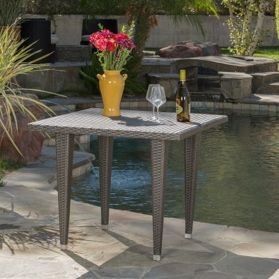 Commercial Outdoor Dining Table, All Weather Woven Polyethylene Wrap Wicker Top And Powder Coated Iron Structure Base