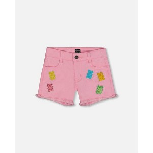 Deux par Deux Girl Jean Short with Embroidery Pink and Multicolored Gummies - 1 of 4