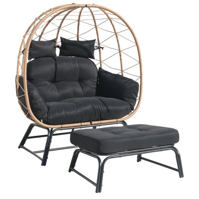 Indoor Outdoor Double Egg Chair with Ottoman Padded Cushions,Wicker Lounge Chair Deep Seating Chair with Footrests,Loveseat for Patio Porch Backyard