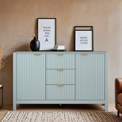 Sideboard with Wave Design - 3 Adjustable Shelves, 3 Drawers & Soft-Close Doors, Storage Console Table with Metal Handles - Leovsnove