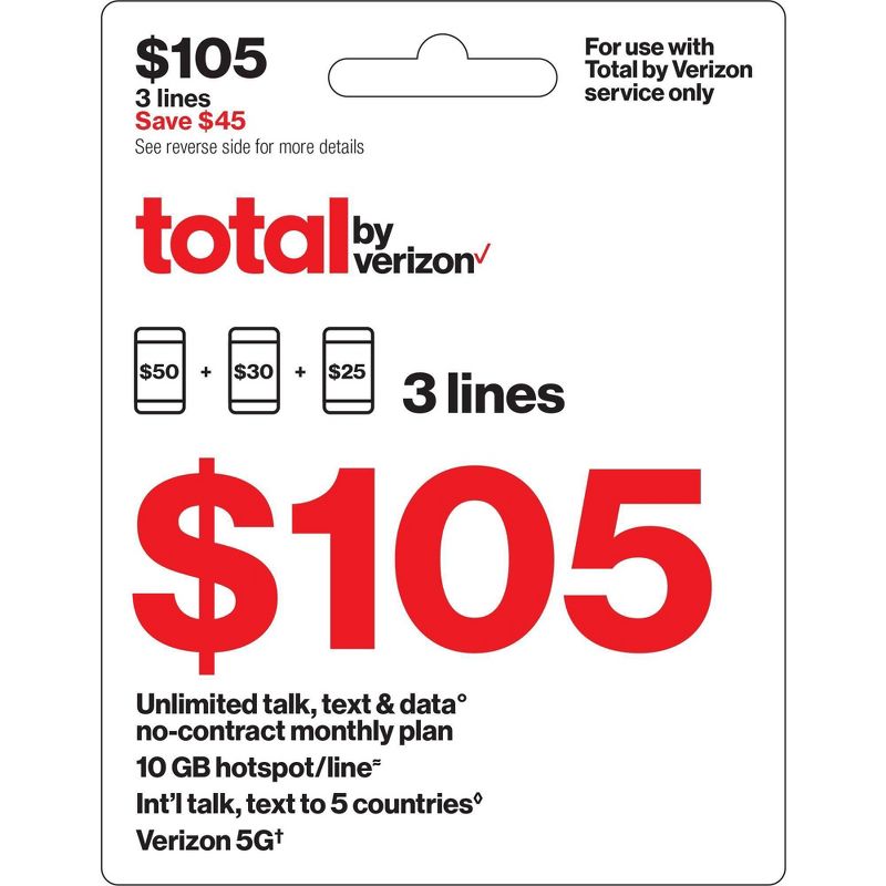 Total by Verizon $105 Unlimited Talk, Text &#38; Data 3-Device No Contract Monthly Plan (Email Delivery), 1 of 3