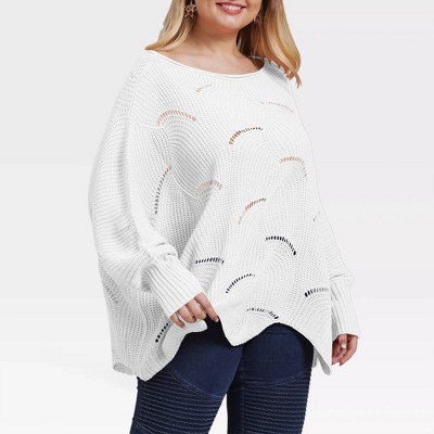 Plus Size Sweater for Women - Pointelle Knit Round Neck Pullover with Long Sleeve and Off Shoulder, Loose Fit Oversized Tops for Winter