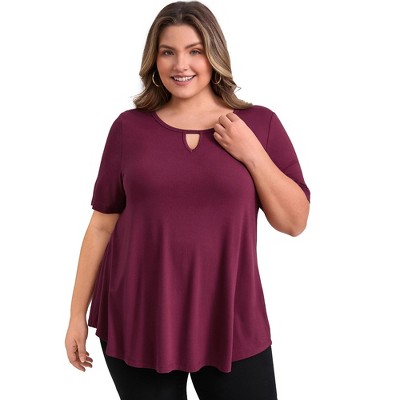 GRACE & GRANDEUR Women's Plus Size Keyhole V Neck Short Sleeve Swing Casual Knit Blouses
