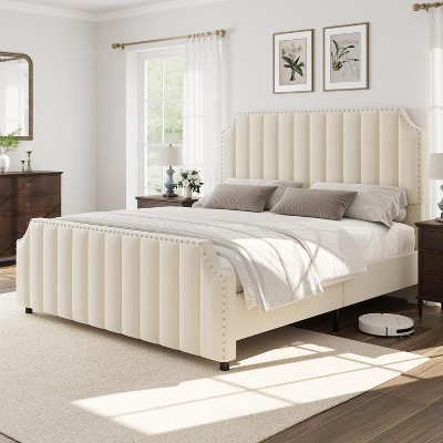 Queen Size Platform Bed Frame with 50.2" Headboard, Velvet Upholstered Bed Frame