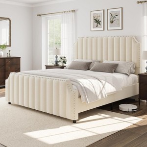 Queen Size Platform Bed Frame with 50.2" Headboard, Velvet Upholstered Bed Frame - 1 of 4