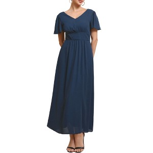 INSPIRE CHIC Women's Short Ruffle Sleeve Chiffon V Neck Pleated A-Line Maxi Dresses - 1 of 4