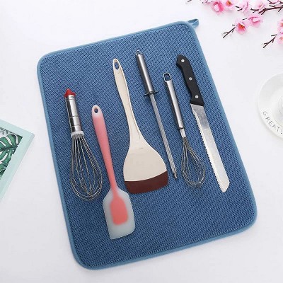 LunaLulinlk Large Microfiber Dish Drying Mat for Kitchen Counter, 20 x 15 inch, Charcoal Reversible Absorbent Dish Mats Pads, Blue