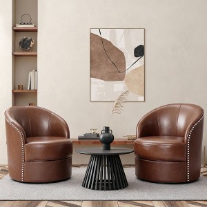 Genuine Leather Upholstered Barrel Chair, Swivel Accent Chair - 1 of 1