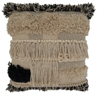 Saro Lifestyle Fringe Tufted Pillow - Down Filled, 20" Square, Black/White