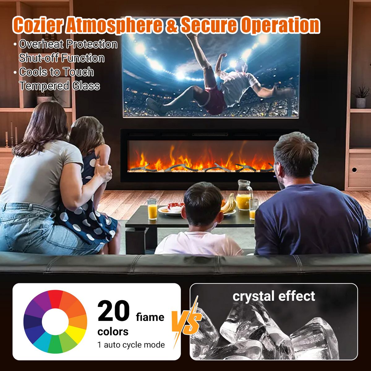 72" Smart Ultra‑Thin Electric Fireplace Insert, WiFi Alexa, 750W/1500W, Multicolor Flames, Thermostat Timer, Wall‑Recessed w/ Remote, Log & Crystal - thumbnail 5