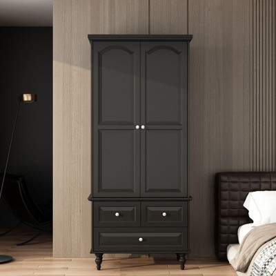 Famapy Wardrobe Closet Dark Black 2 Door 3 Drawer with Tall Legs