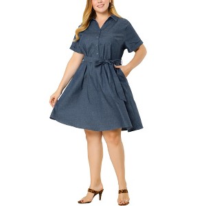 Women's Plus Size Relaxed Fit Buttons Belted Short Sleeves Chambray Shirtdress - Agnes Orinda - 1 of 4