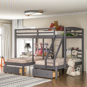 NicBex Twin Size Bunk Bed Triple Wooden Bed Frame with Shelves, 2 Drawers, Storage Stairs and Full Length Guardrail, No Box Spring Required - 1 of 4