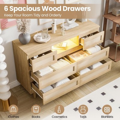 Natural Oak 6-Drawer Rattan Dresser with LED Light and Charging Station