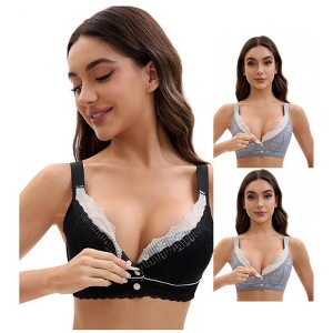 INSPIRE CHIC Front Closure for Women's Lace Full Coverage V Neck Wirefree Adjustable Straps Bras 3 Packs - 1 of 4