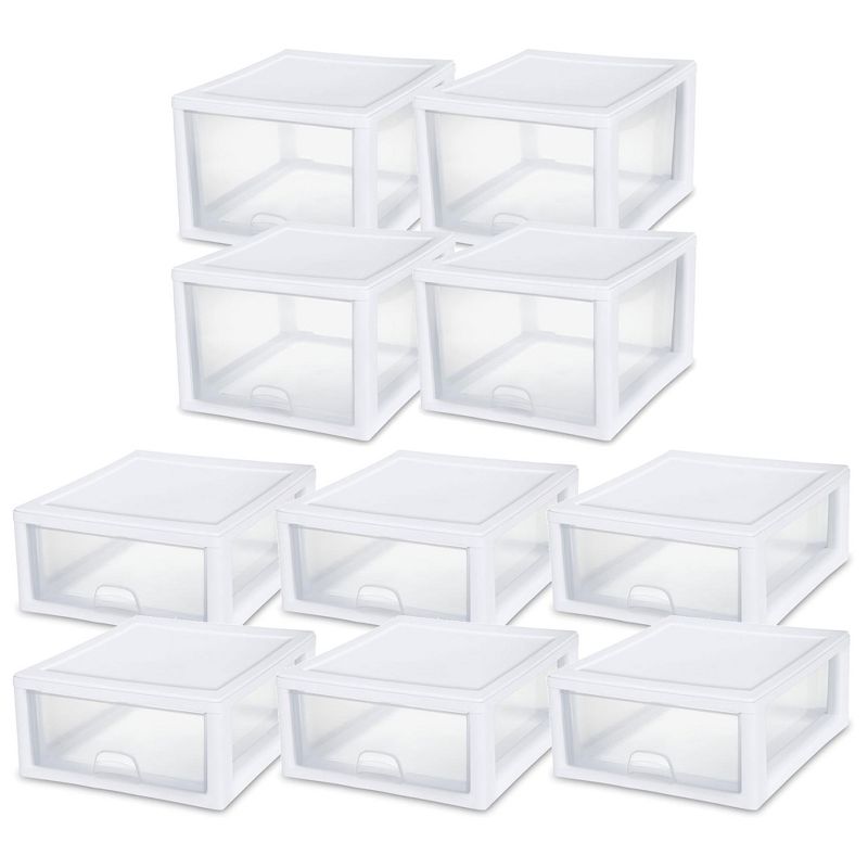 Sterilite 27 Quart (4 Pack)  and 16 Quart (6 Pack) Stackable Clear Plastic Storage Drawer Containers for Home and Office Organization, White, 1 of 8