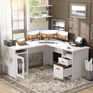 Besiost L Shaped Desk with Charging Station, Corner Computer Desk with File Cabinet - 1 of 4
