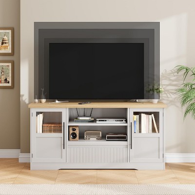 70" TV Stand - Farmhouse Entertainment Center with Wave Design, 2 Glass Door Cabinets + 2 Open Shelves, Media Console for Living Room