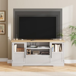 70" TV Stand - Farmhouse Entertainment Center with Wave Design, 2 Glass Door Cabinets + 2 Open Shelves, Media Console for Living Room - 1 of 4