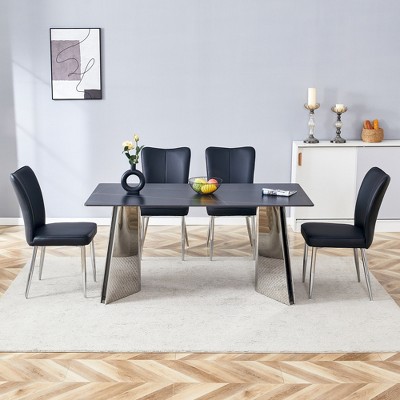 5-Piece Dining Set with Marble-Patterned Table and 4 PU Armless Chairs