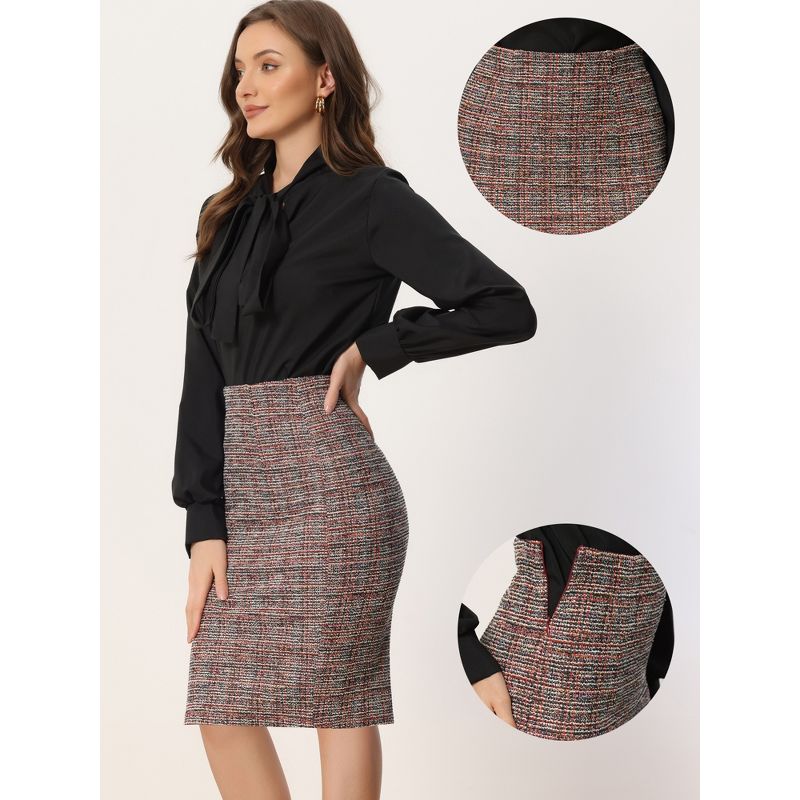 Allegra K Women's Plaid Tweed High Waist Split Office Pencil Skirt, 2 of 6