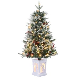 3ft Mini Xmas Tree, Pre-Lit Artificial Tree w/78 Warm White Lights, Tabletop Christmas Tree w/Timer Function, Snow Flocked Xmas Tree w/ Base - 1 of 4