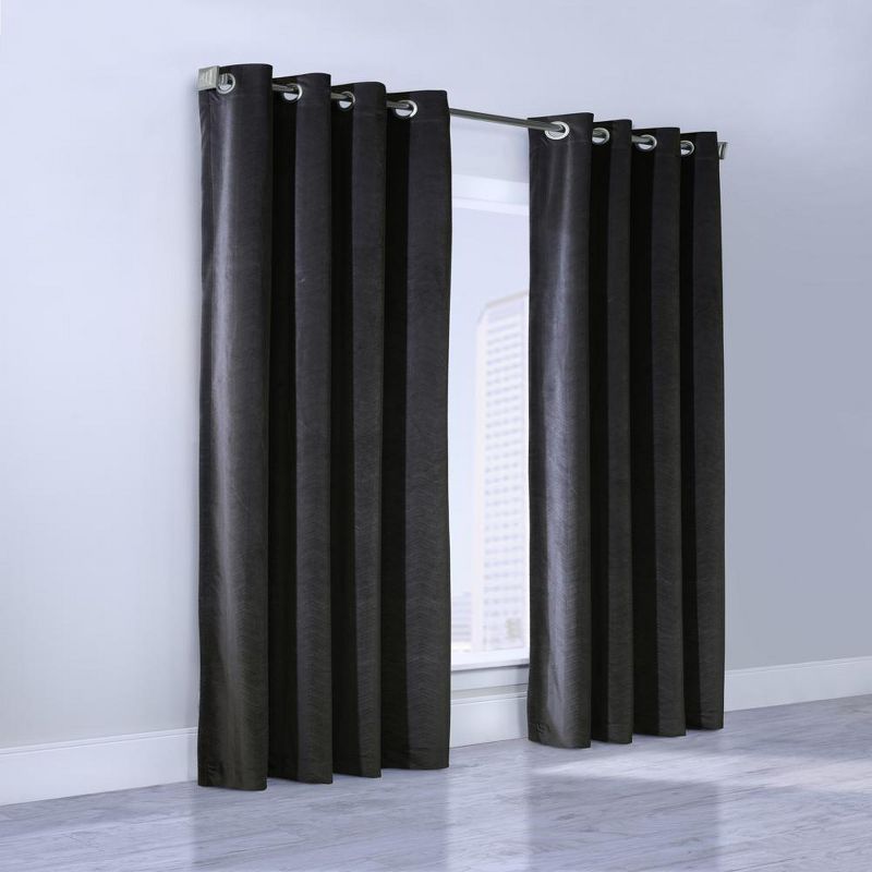 Thermalogic Minuit Luxury Solid Velvet Fabric Chevron Design Room Darkening Grommet Curtain Panel Black, 1 of 5