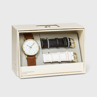 Women's Rainbow Dial Strap Watch with Changeable Straps - A New Day™ Brown/Black/White