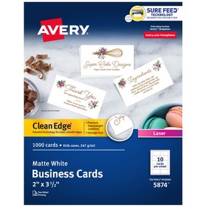 Avery Clean Edge Printable Business Cards with Sure Feed Technology, 2" x 3.5", White, 1,000 Blank Cards for Laser Printers (5874) - 1 of 4