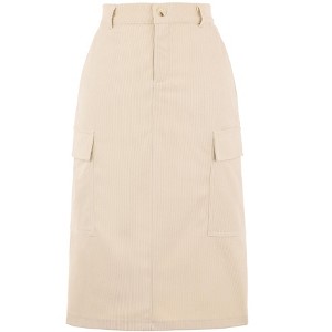Allegra K Women's High Waisted Elastic Back Corduroy Midi Cargo Skirts with Pockets - 1 of 4