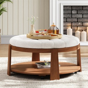 FONTOI Modern Large Round Ottoman Coffee Table 2-Tier Oversized Ottoman with Shelf Storage Coffee Table for Living Room White, 36"* 36"*18" - 1 of 4