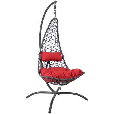 Sunnydaze Outdoor Resin Wicker Patio Phoebe Hanging Basket Egg Chair Swing with Cushions and Headrest - Red - 2pc