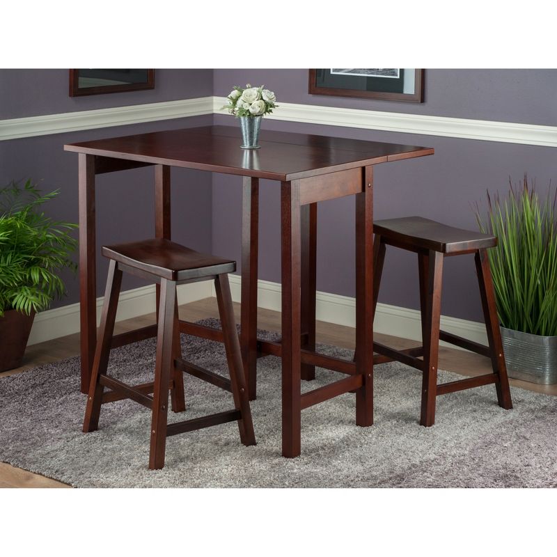 3pc 24&#34; Lynnwood High Drop Leaf Counter Height Extendable Dining Table Set with Saddle Seat Stool Walnut - Winsome, 3 of 19