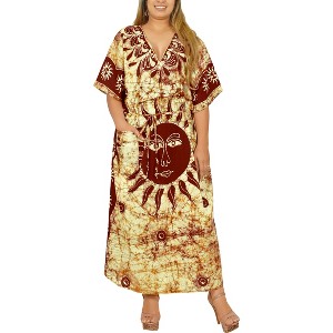 HAPPY BAY Women's Summer Batik Caftan Long Loungewear Dashiki House Dress with Pockets Sleepwear for Women Nightgown plus size 1X-2X Red, Sun - 1 of 4