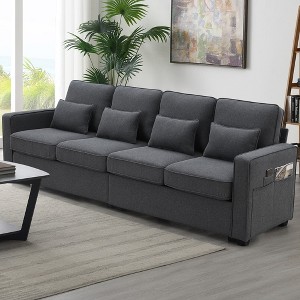 104" Linen Fabric Armrest 4-Seater Sofa with Side Storage Pockets and 4 Pillows - 1 of 4