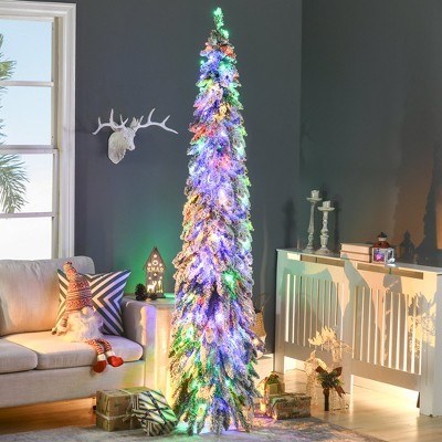 Whisen 7FT Prelit Pencil Artificial Christmas Tree with 534 Snow Flocked Branches, 350 Colorful LED Lights - Green