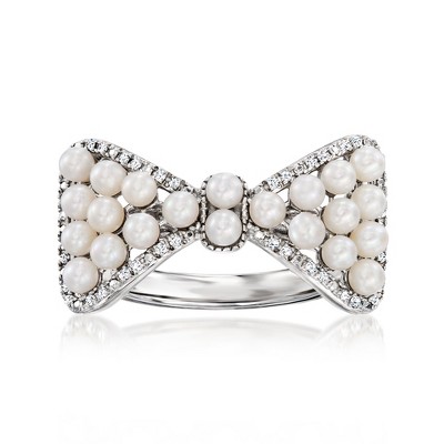 Ross-Simons 2-2.5mm Cultured Pearl and .10 ct. t.w. Diamond Bow Ring in Sterling Silver