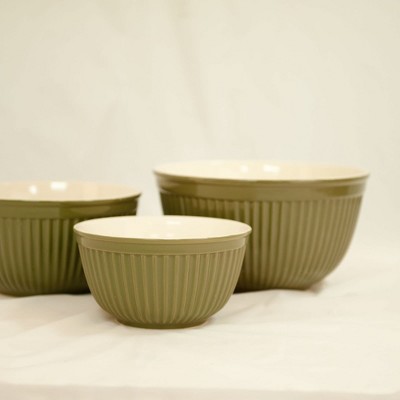 Omniware Simsbury Mixing Bowls, Set of 3 - Nesting Stoneware Bowls for Baking & Cooking - 30 oz, 75 oz, 112 oz - (Olive)