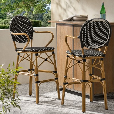 Set of 2 Outdoor Wicker and Aluminum 29.5" French Barstools,Bamboo Print Finish-Christopher Knight Home