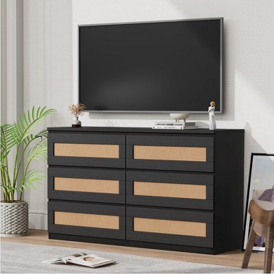Whizmax Rattan Dresser for Bedroom, 6 Drawer Dresser for Bedroom, Modern Wide Chest of Drawers with Anti-Tip Kit, for Bedroom, Living Room, Hallway