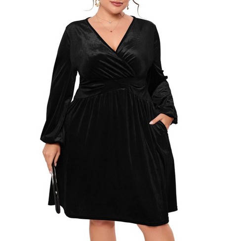 Womens Plus Size Boho V Neck Long Lantern Sleeve Ruffle Floral Wrap Dress  Velvet Party Cocktail Midi Dress, Black, XL