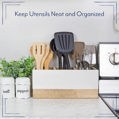 White and Natural Mango Wood 3-Compartment Utensil Holder