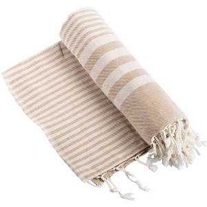 HomeRoots 59" X 71" Beige and Ivory Cotton Striped Turkish Towel Throw Blanket with Tassels - 1 of 4