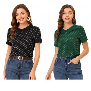 Allegra K Women's Peter Pan Collar Keyhole Back Vintage Polka Dots Blouses 2 Packs - 1 of 4